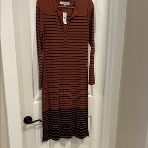 LOFT Rust and Navy Striped Long Sleeve Rib Knit Dress